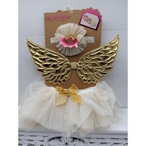 Elly & Emmy Baby 3 Piece Tutu Set Gold Angel Wings Crown Headband White 0-12M